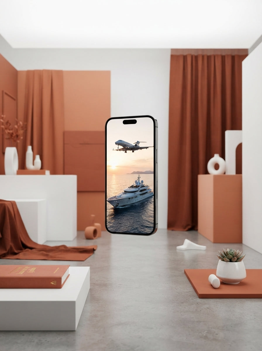 A smartphone showcasing high-quality luxury video reels of jets and yachts in a professional studio setting with terracotta a