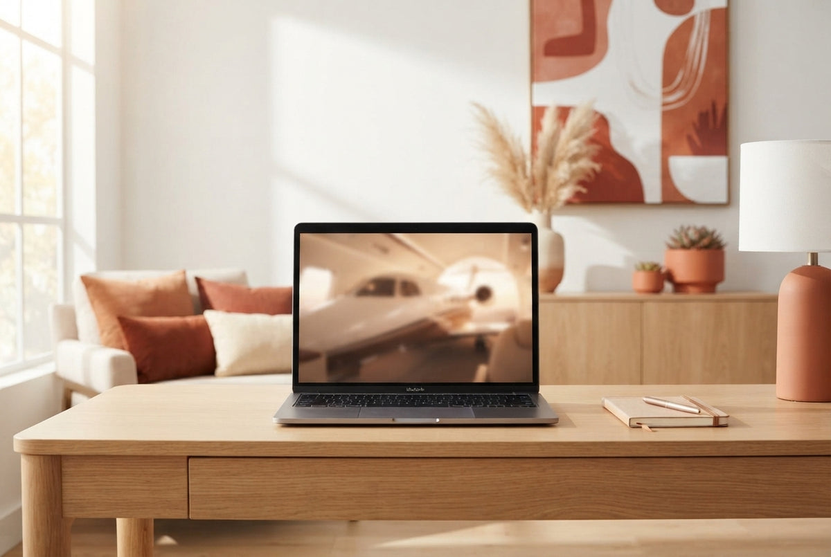 A luxury home office setup with warm terracotta and burnt sienna accents and a laptop screen showing high-quality video conte