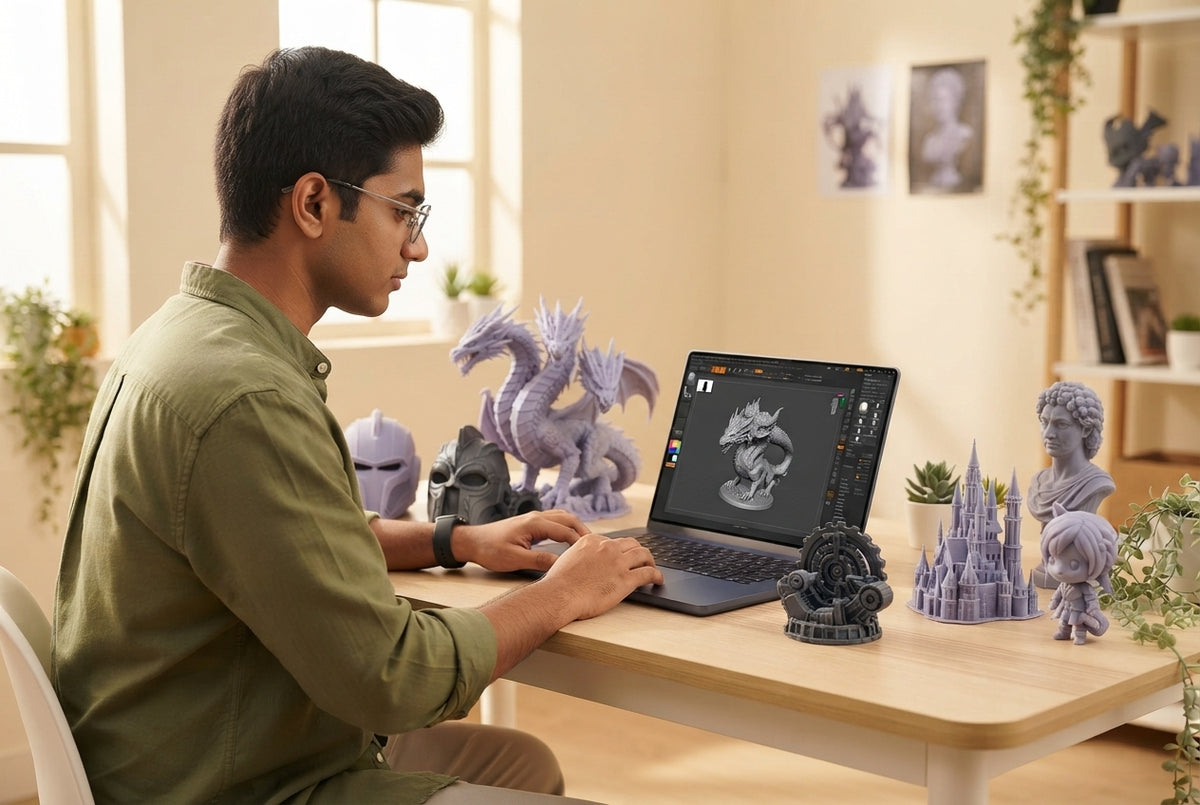 A South Asian designer working on 3D models in a modern, sunlit studio decorated with lavender and charcoal accents.