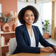A professional portrait of a diverse entrepreneur smiling in a modern office with terracotta and burnt sienna decor.