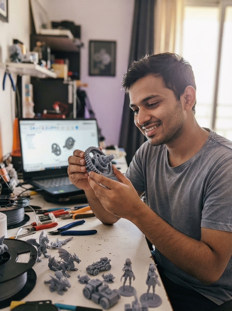 A happy Indian man in a home workshop holding a 3D printed object, surrounded by various printed models and a laptop.