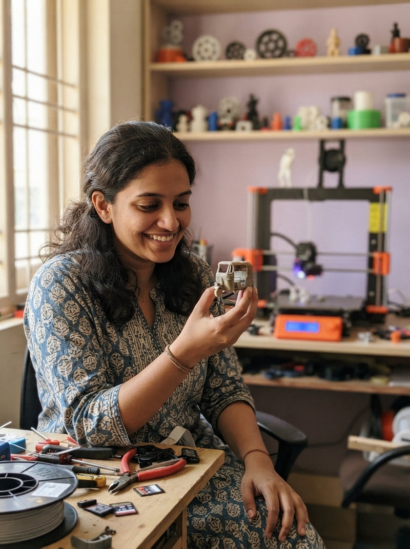 A woman in a home workshop holding a 3D printed miniature with a 3D printer visible in the background.