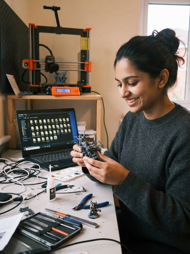 South Asian woman holding a successful 3D printed figurine in a cozy home workspace with a 3D printer in the background.